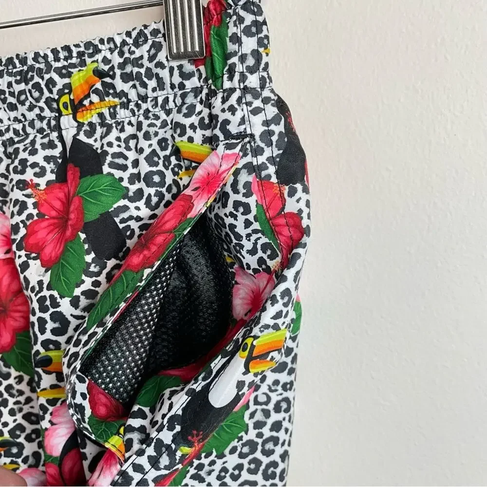 Franks Broadbeach Quick dry Tropical Toucan floral leopard swim trunks shorts M